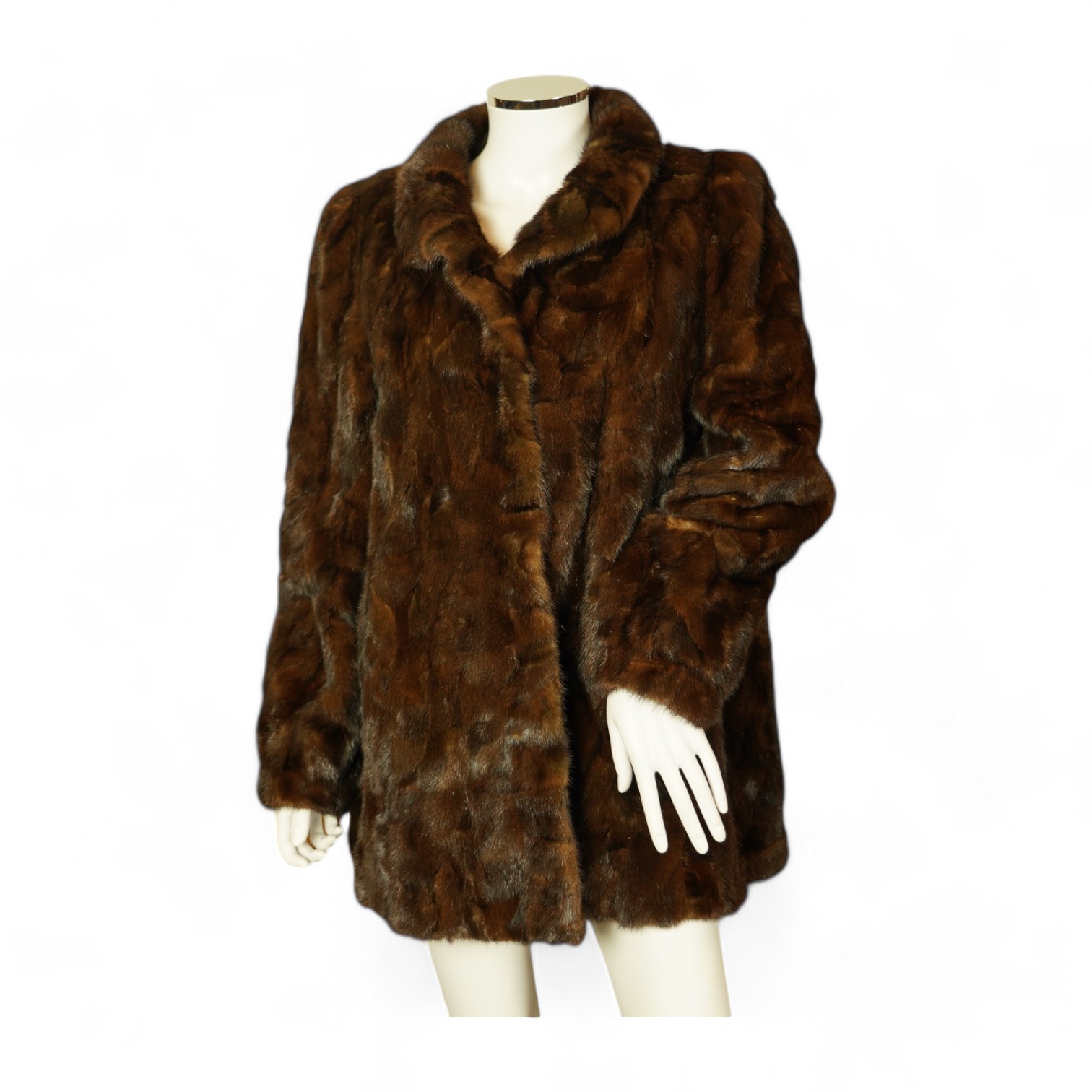 A musquash fur full length coat, a musquash fur three quarter length coat and a mink fur bolero, all approx. size 12. Condition - fair to good